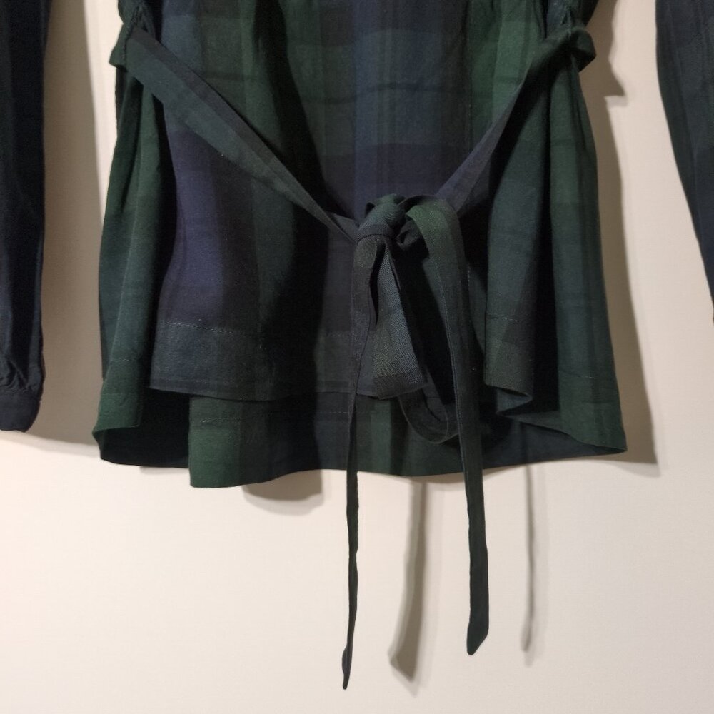 J Crew Mercantile Faux Wrap Top 4 Small Green Plaid Elastic Cuffs Waist Tie - Picture 4 of 7